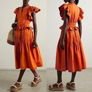 NWOT ULLA JOHNSON Florence Embroidered Cotton Peplum Midi Dress. Size 12